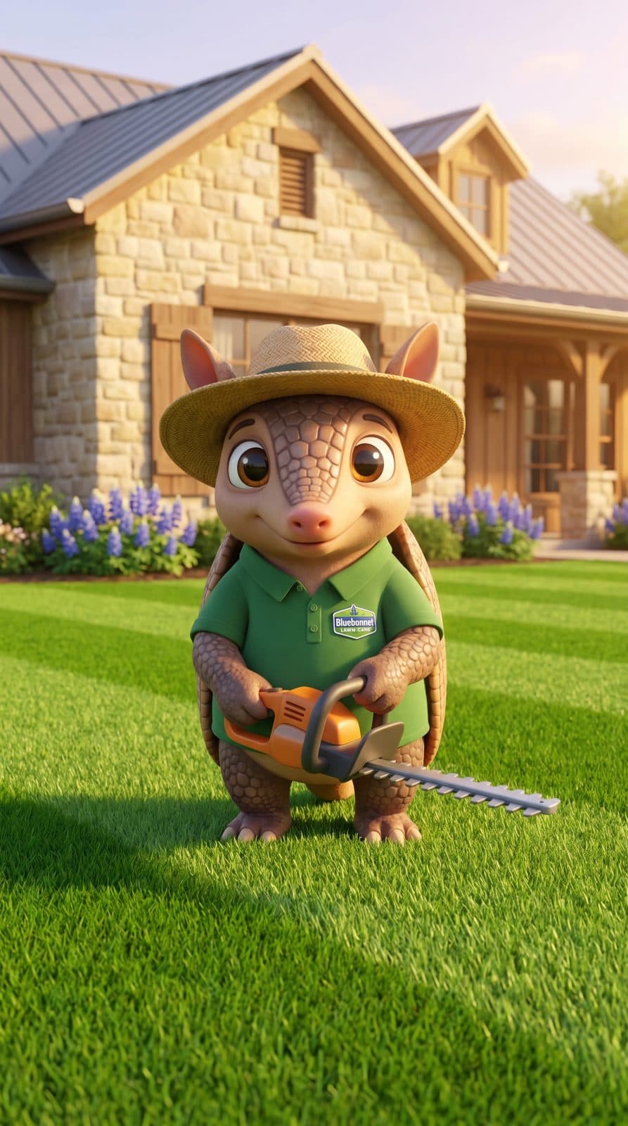 A 3D animated armadillo mascot in a landscaper uniform on a striped lawn