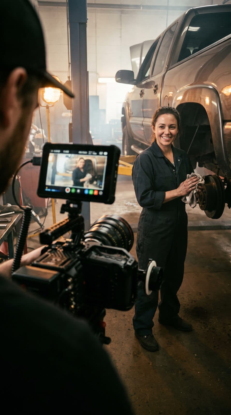 A camera monitor framing an auto mechanic in her shop during a commercial shoot