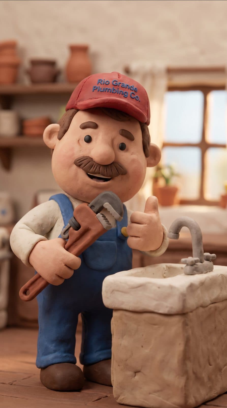A clay style plumber mascot holding a wrench and giving a thumbs up in a miniature kitchen