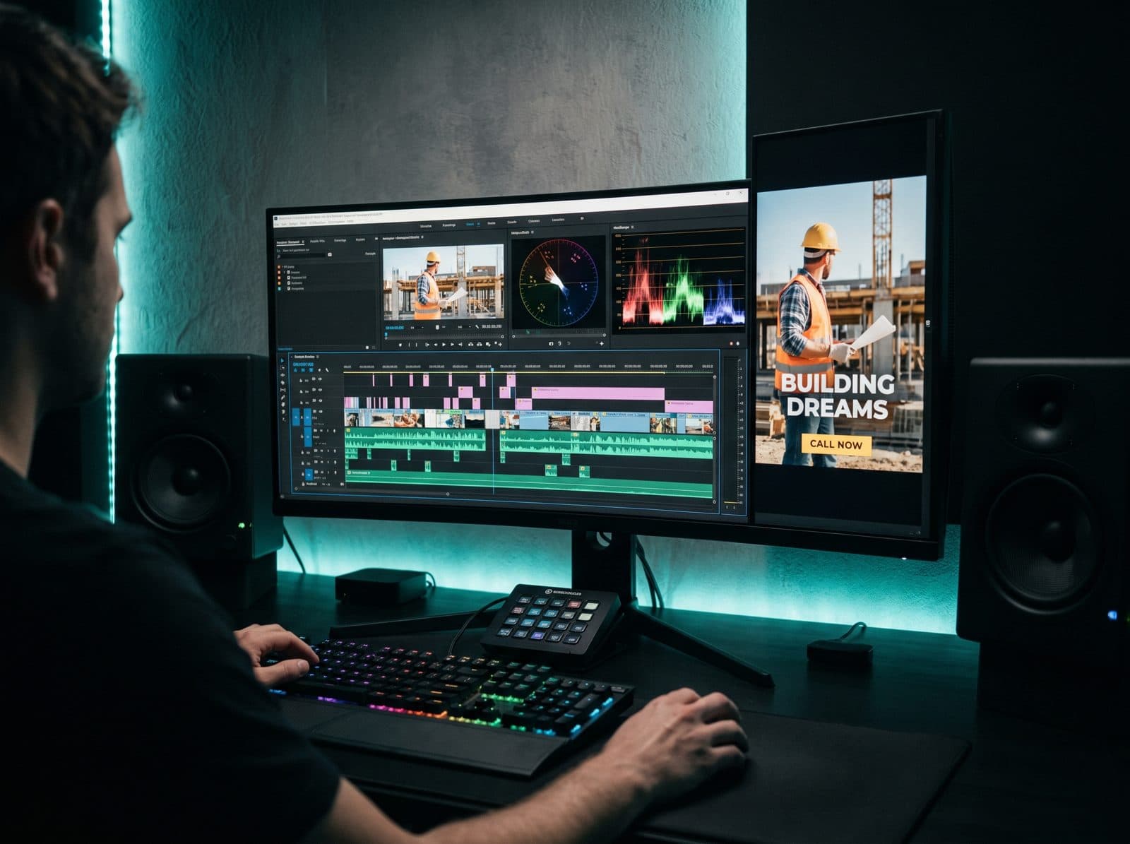 An editor at an ultrawide monitor cutting a vertical commercial on a timeline