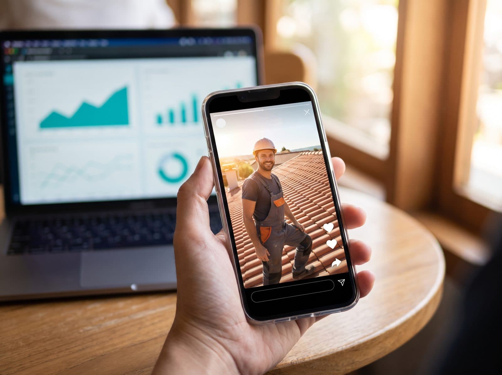 A phone showing a roofing commercial in a social feed