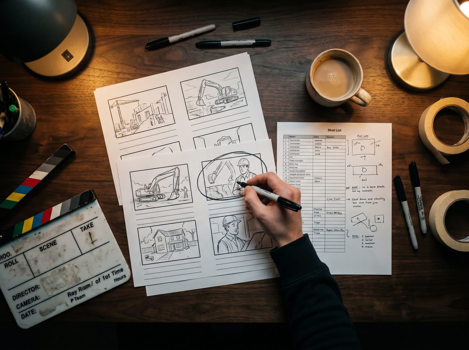 Storyboard panels, a shot list and a clapperboard on a desk during pre-production