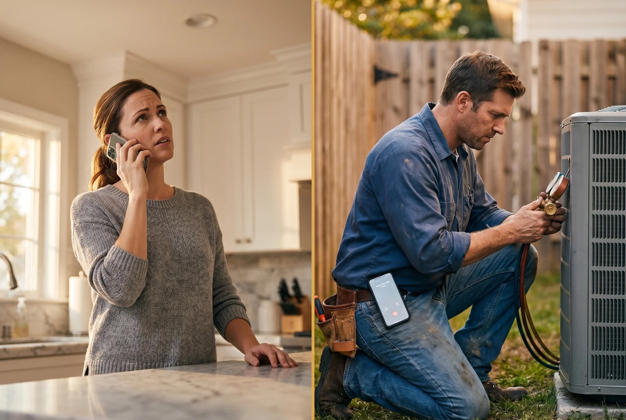 A homeowner trying to call a contractor while the contractor's phone rings unanswered on his tool belt during an HVAC service call